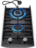 Table de cuisson à gaz 2 feux, 30 cm, verre noir, support fonte, compatible NG/LPG, sécurité flamme intégrée