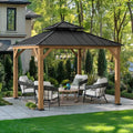 Tonnelle de Jardin en Bois de Cèdre 3,3x3,3m - Toit Métallique Double Niveau, Résistant aux Intempéries