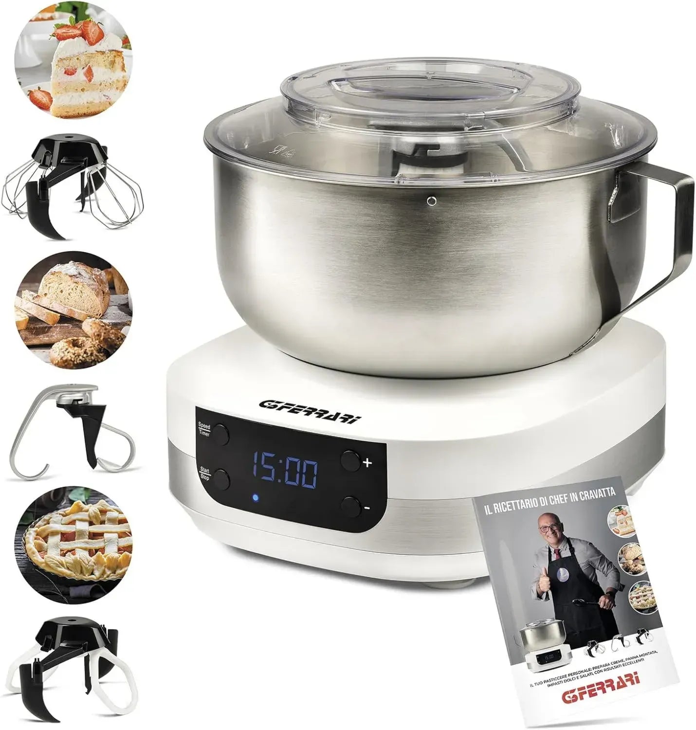Robot Pâtissier Planétaire G3 Ferrari, 1500W, 5L, Bol Inox avec Poignée, Écran Digital, 5 Vitesses, Minuteur, Livre de Recettes